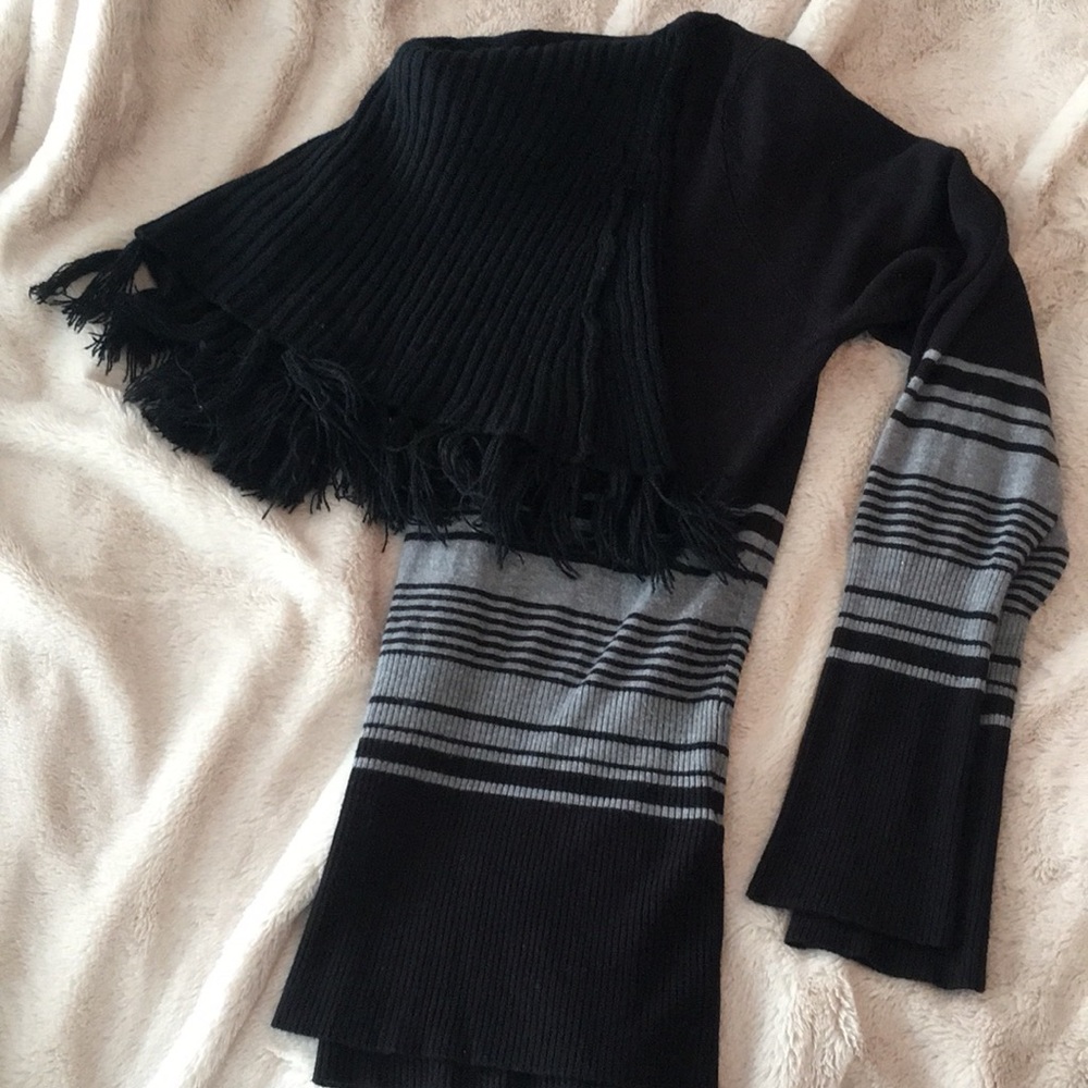 Graffiti | Fringe Cowl Neck Sweater, Black & Grey